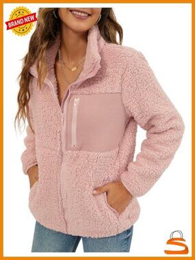 Faux Shearling Shaggy Full Zip Fleece Coat Warm Winter Jacket Pockets